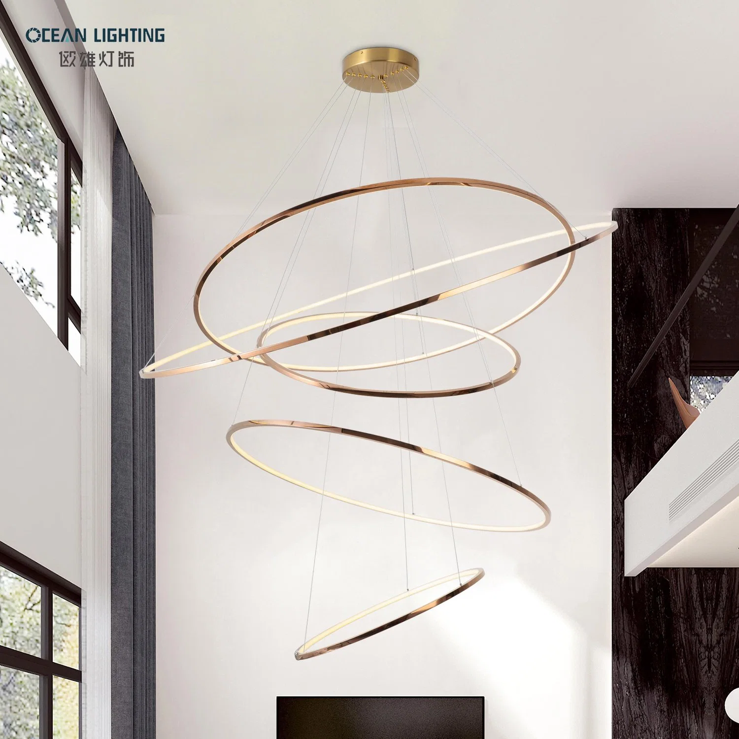 Ocean Lighting Simple Hanging Decorative Circle Rings Gold Luxury Modern LED Pendant Light