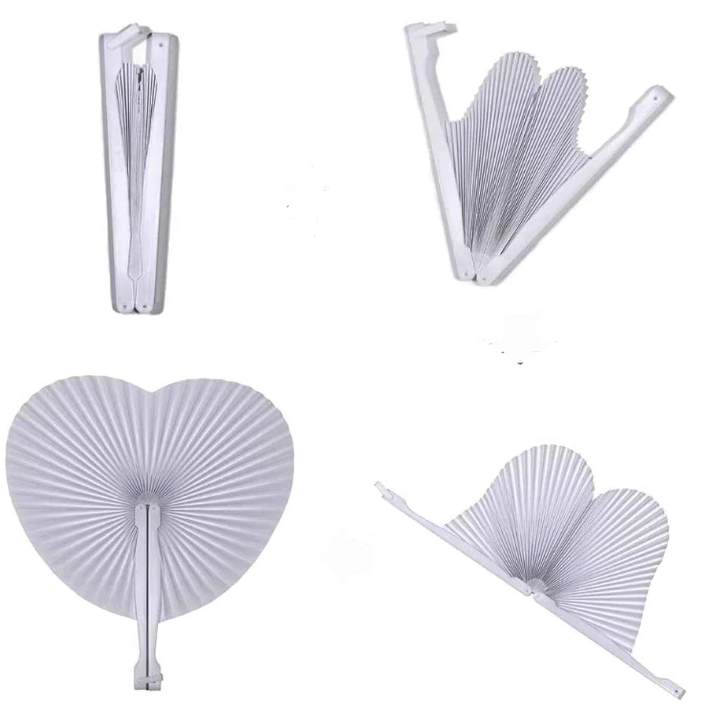 Custom Logo Round Heart Folding Handheld White Paper Hand Fans with Plastic Handle for Wedding Birthday Party Favors DIY Painting