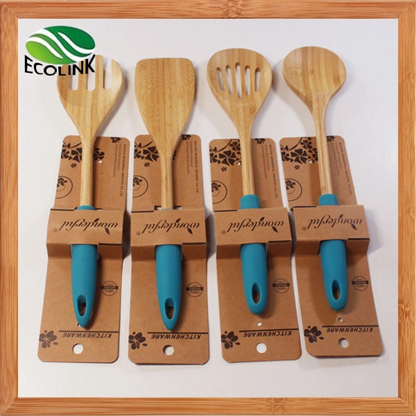 Manche en silicone coloré cuillère de cuisson en bambou ensemble d'outils pour ustensiles de cuisine