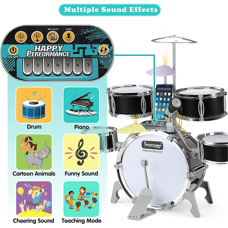 Kids Educational Musical Instrument Kit Gifts Toy Jazz Drum with Light Sound Compatible Mobile Phone/Computer/MP3 Musical Playset Microphone