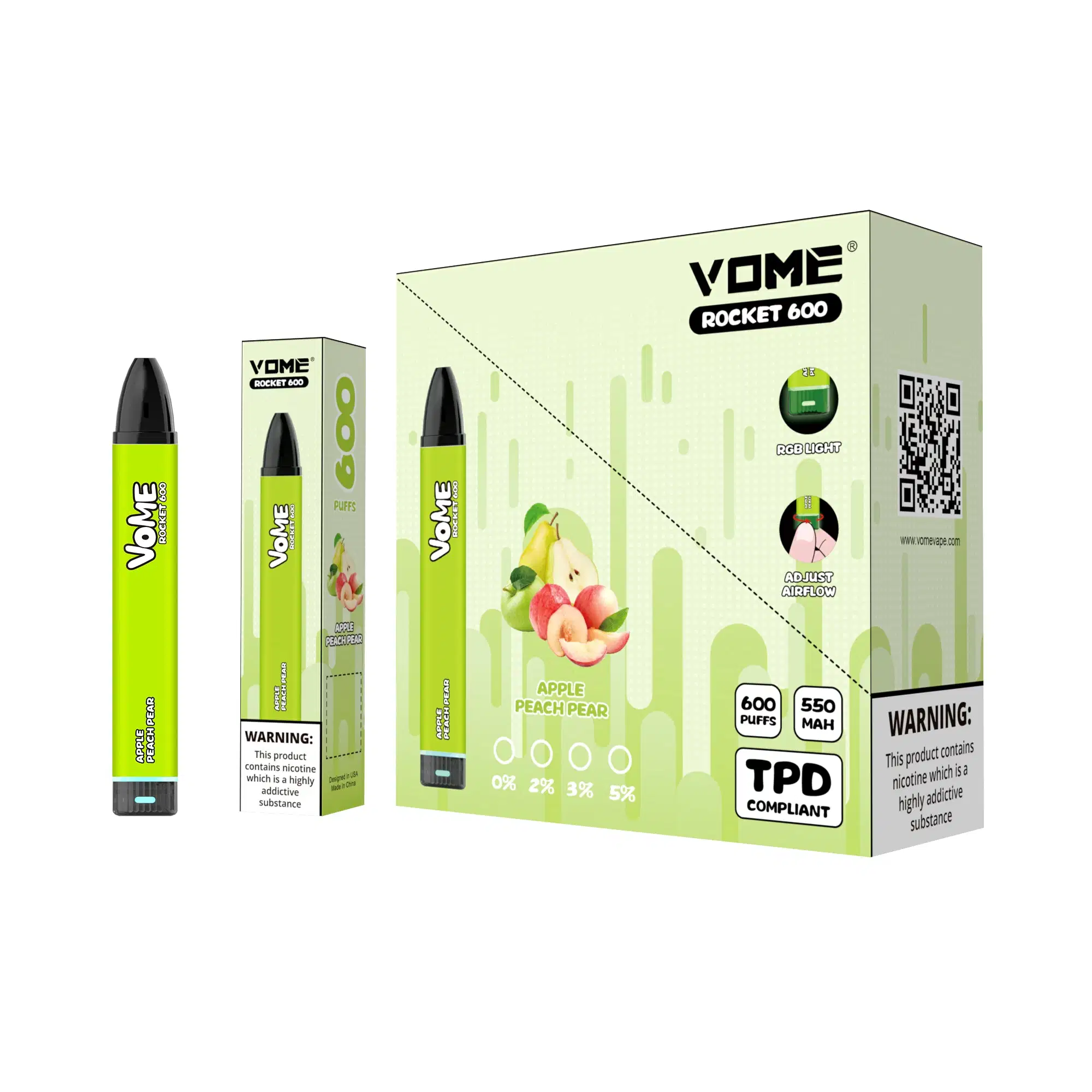 Vome Rocket 600 أطواق التحكم في تدفق الهواء جهاز Vape Pod الذي لا يمكن التخلص منه Tpd