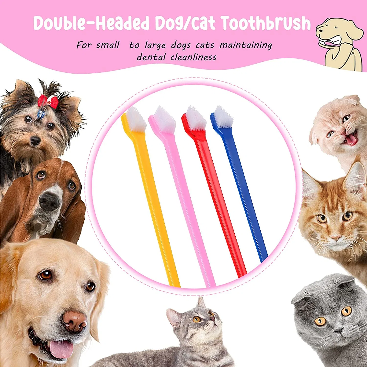 Double Headed Dog Cat Toothbrush Long Handle Pet Toothbrushes Dual Ended Dog Toothbrush Soft Bristles Dog Teeth Cleaning Toothbrush for Pet Dog Puppy