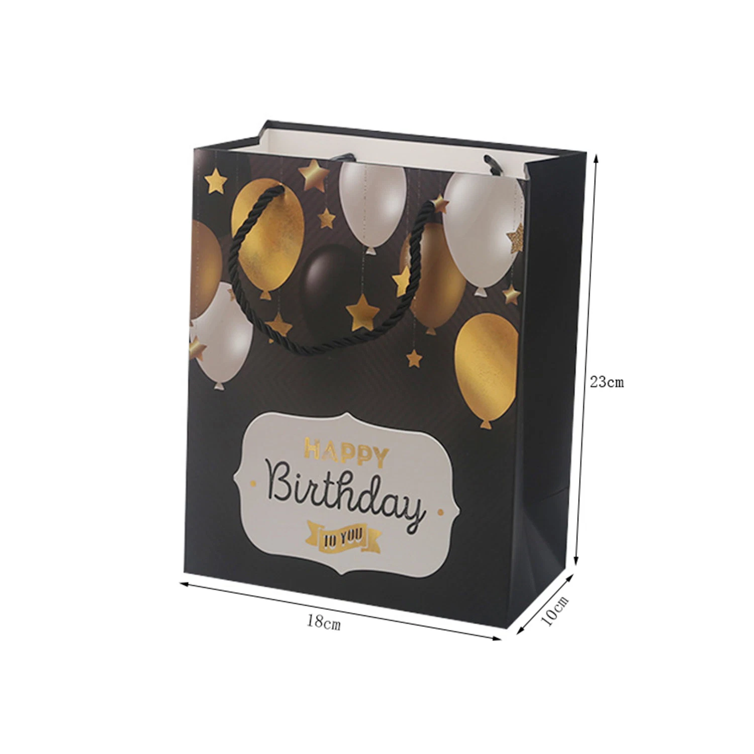 250g White Cardboard Printing Fashion Gold Balloons Stars Black Birthday Gift Bag and Color Customized Party Gift Paper Bag