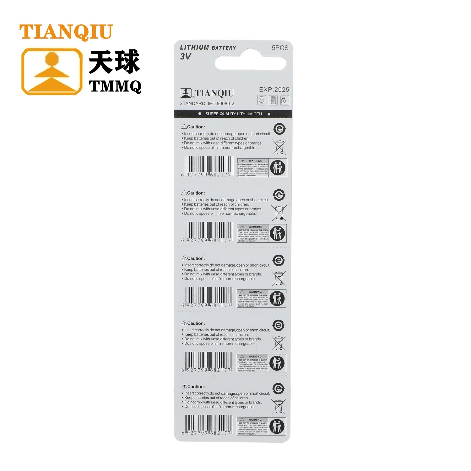 Tianqiu Cr2025 Button Cell 3V Lithium Dry Battery Cr2032 Cr2016 Cr927 Cr1620