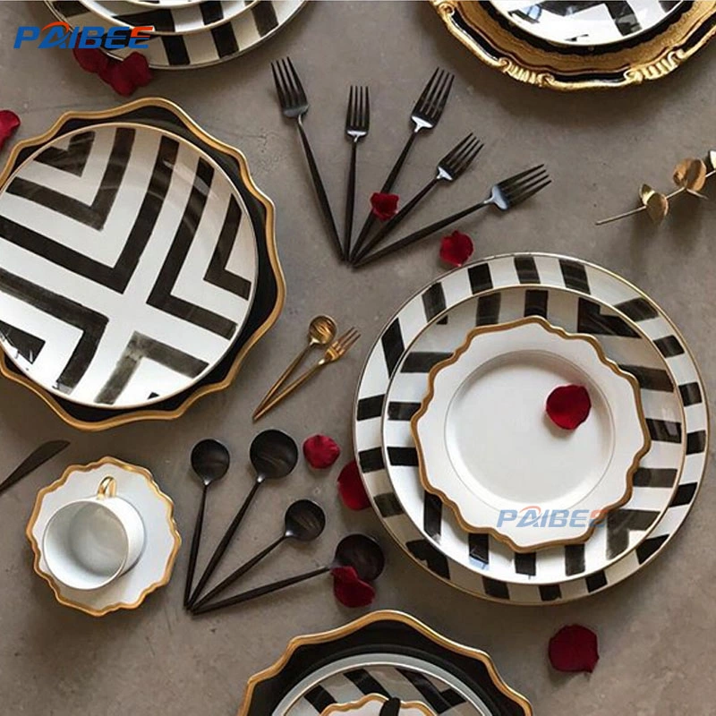 Juegos de platos de cerámica vintage Paibee Cross Road en blanco y negro de fina porcelana de hueso