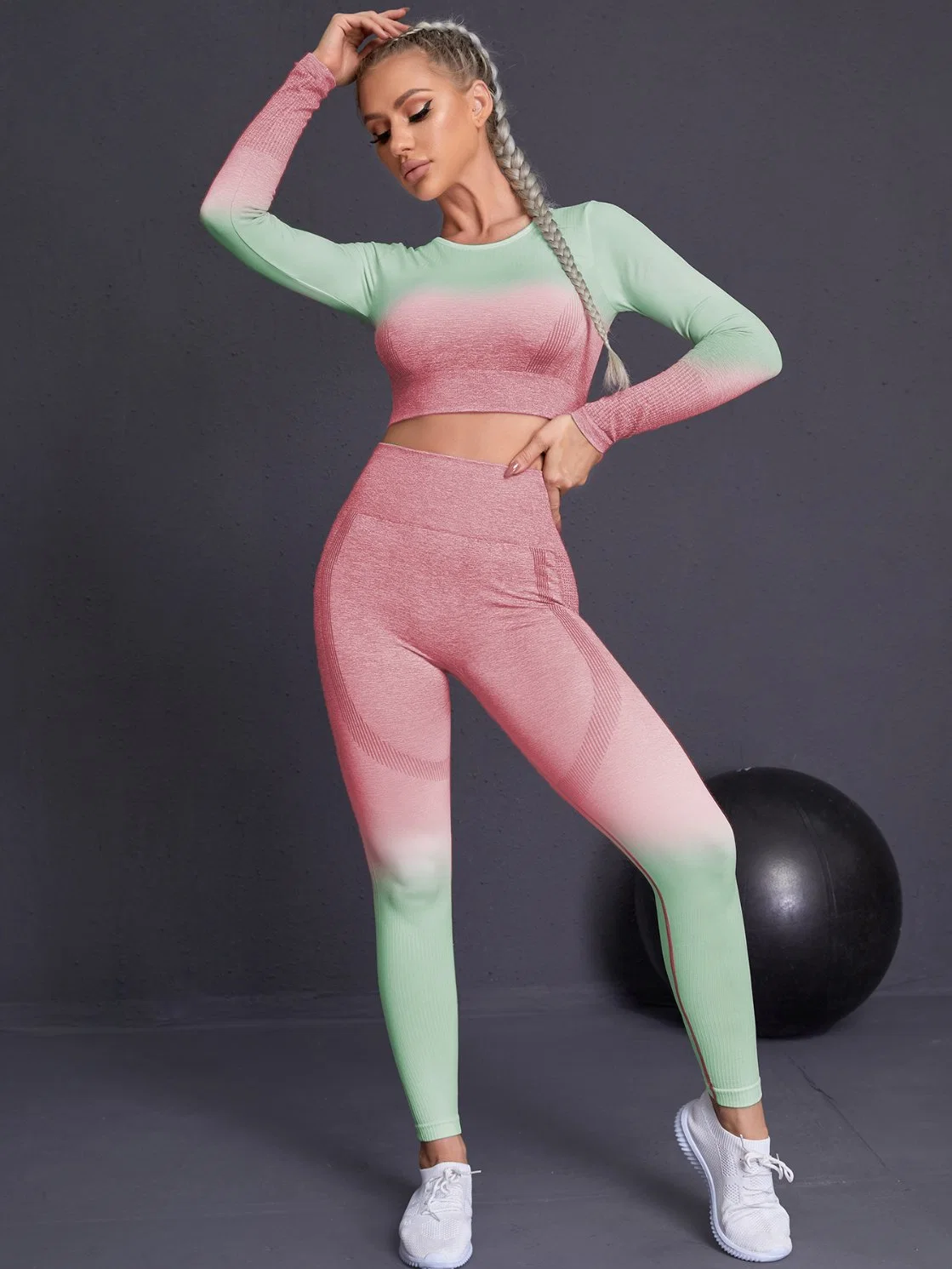 Women Long Sleeve Crop Top + Workout Clothes Fitness Bra Outfit Active Wear Gym Suits Sport High Waist Leggings Seamless Yoga Set Wear