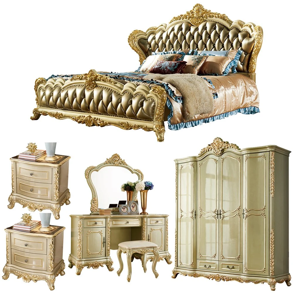 Wood Carved Bedroom King Bed Furniture Set with Wardrobe and Dresser in Optional Color