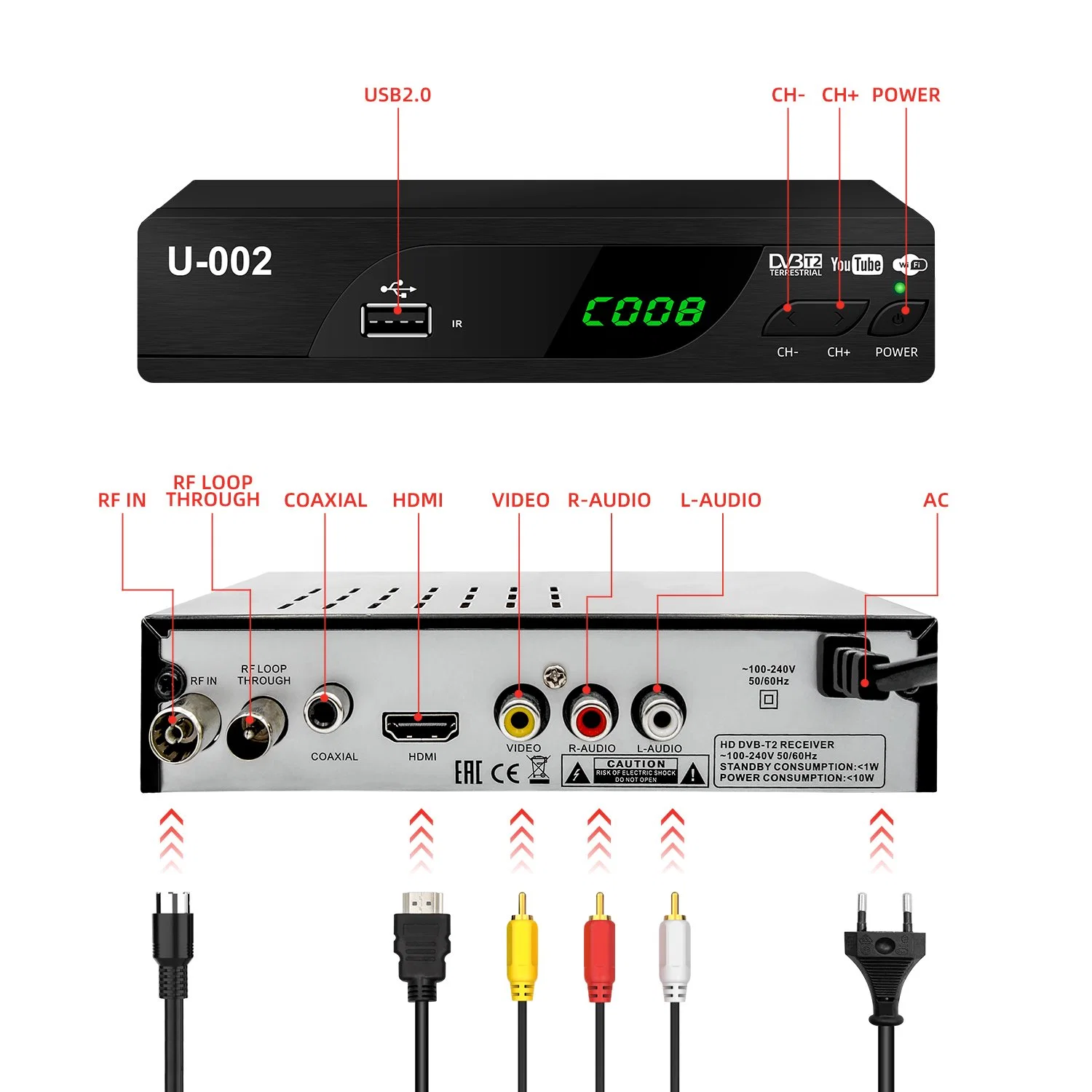 WiFi DVB-T2 del receptor de TV Full HD de youtube