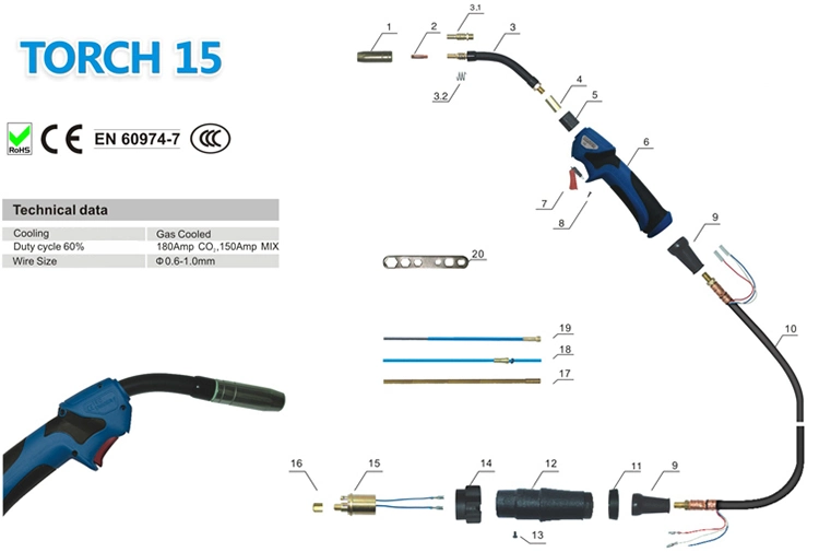 Rhk OEM Customized MB15 MIG Torch 3m/4m/5m CE 180AMP Gas Cooled Euro MIG Welding Torch Gun