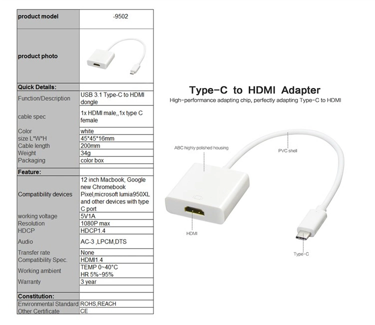 USB3.1 Tipo C para el adaptador HDMI para Apple MacBook