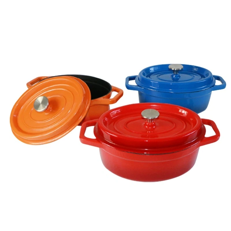 Caçarola de ferro fundido de tamanho grande esmaltada colorido Oval Pot holandês Conjunto de utensílios de cozinha em ferro fundido esmaltados para forno