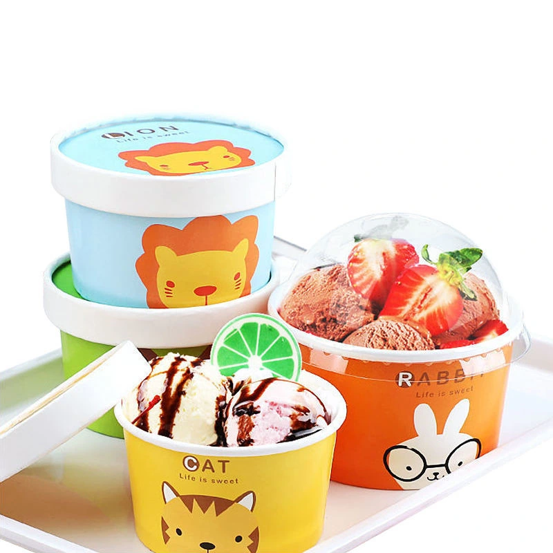 Custom Printed Design Disposable Ice Cream Paper Cup Bowl with Lid and Spoon