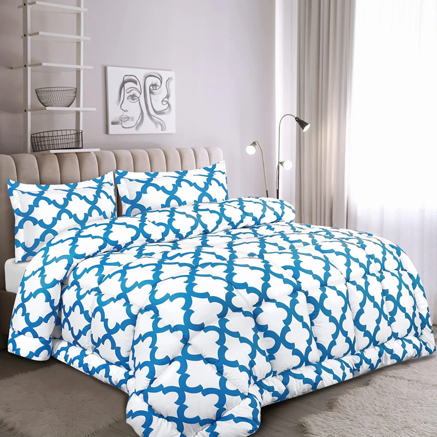 Juego de comforter de cama queen (Quatrefoil azul blanco) Con 2 Pillow Shams - ropa de cama Comforter Sets - Down Comforter alternativo - suave y cómodo