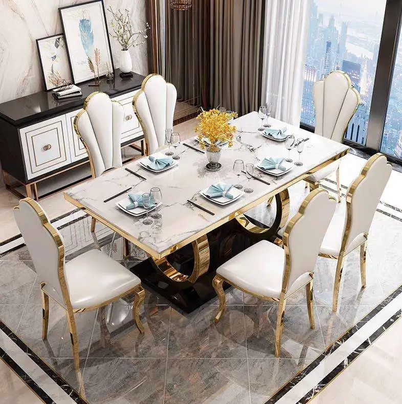 Modern Luxury Furniture Dinners Table and Chair Dining Room Set 8 Seater Rectangle Stainless Steel Marble Dining Room Table