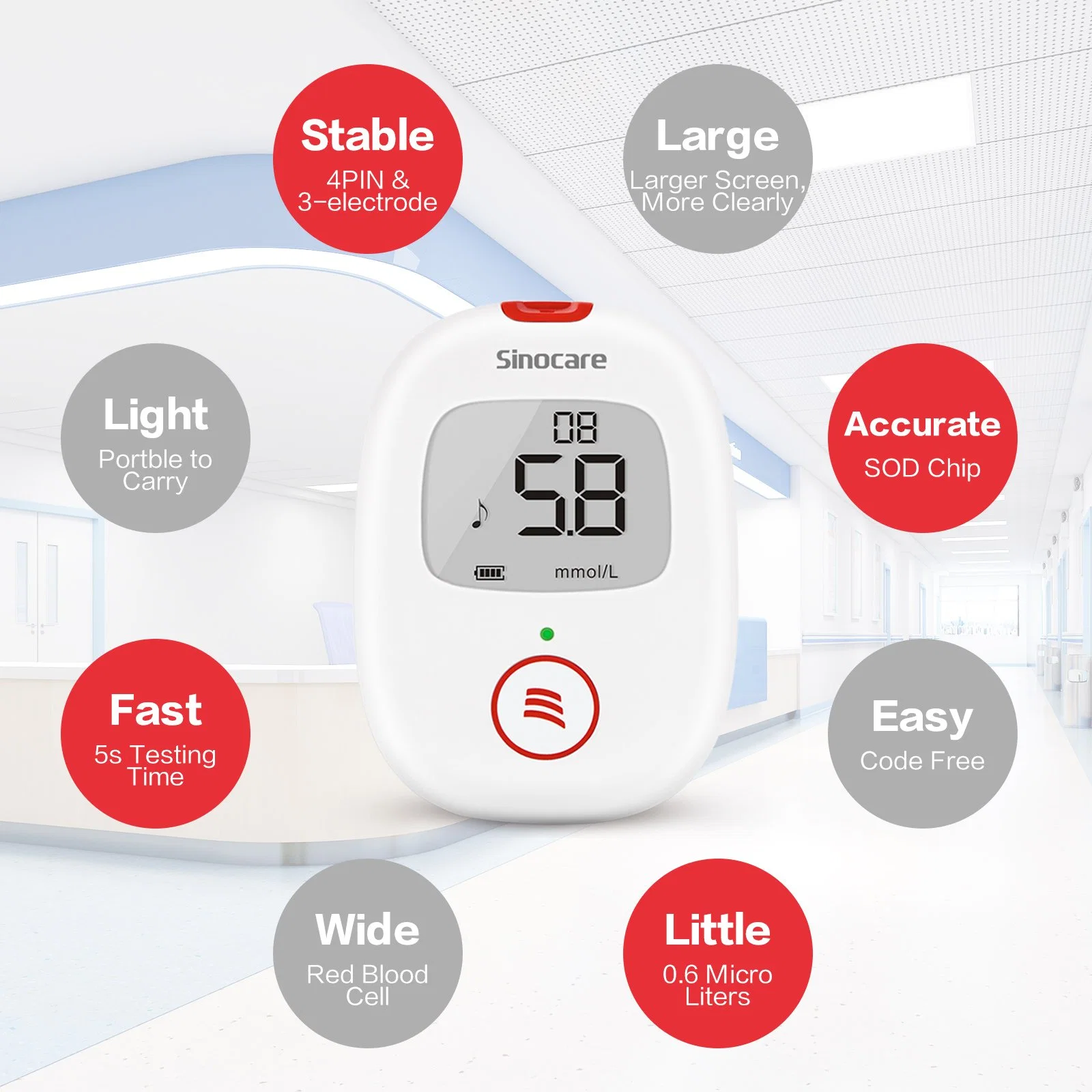 Sinocare Home Care Clinical Blood Test Machine Rapid Quick 5sec 0.5UL Blood Accurate Check Glucometer with Strip