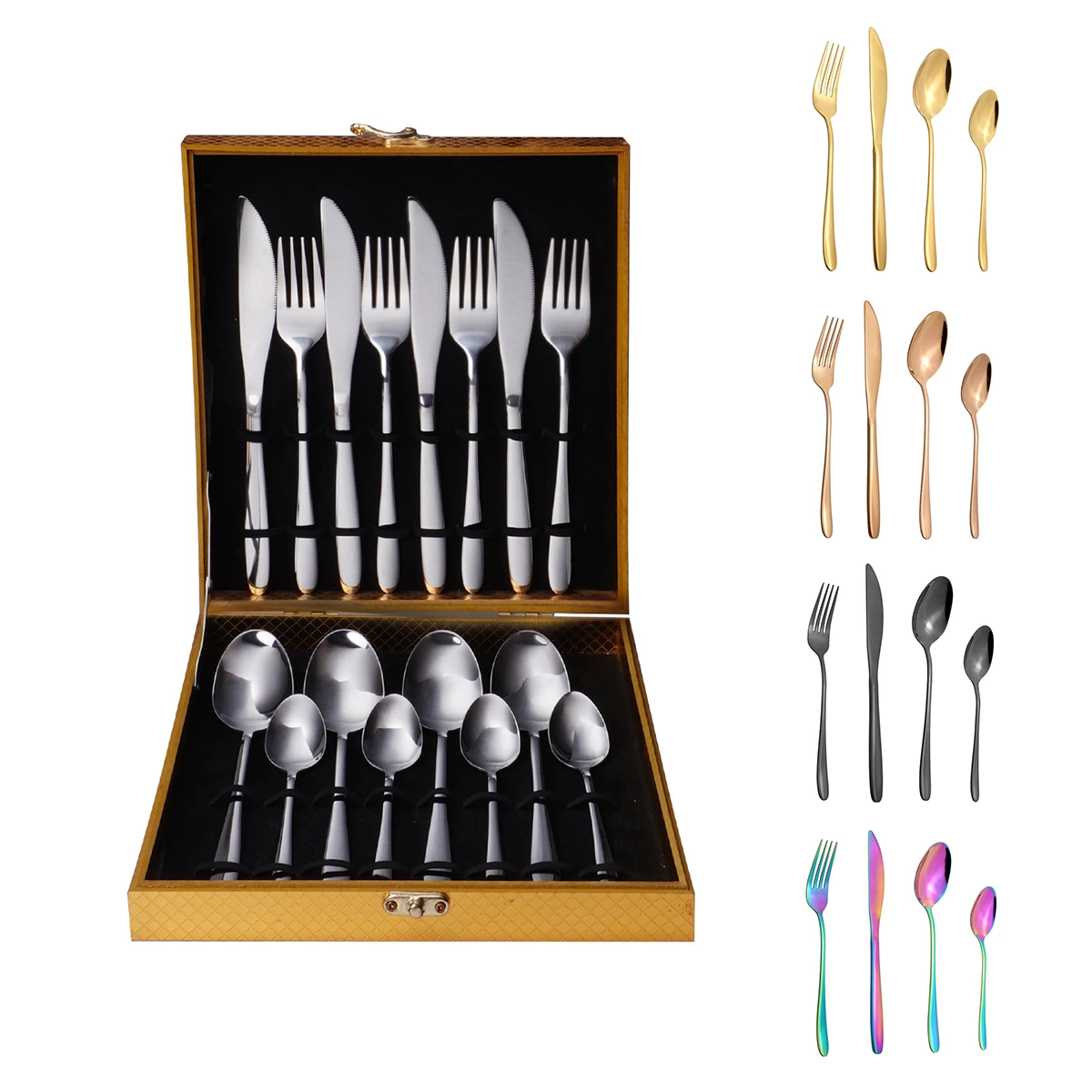 Wholesale/Supplier Fork Knife Spoon Portable Travel Camping Wedding Flatware Polished Stainless Steel Cutlery Set 16PCS with Wooden Box