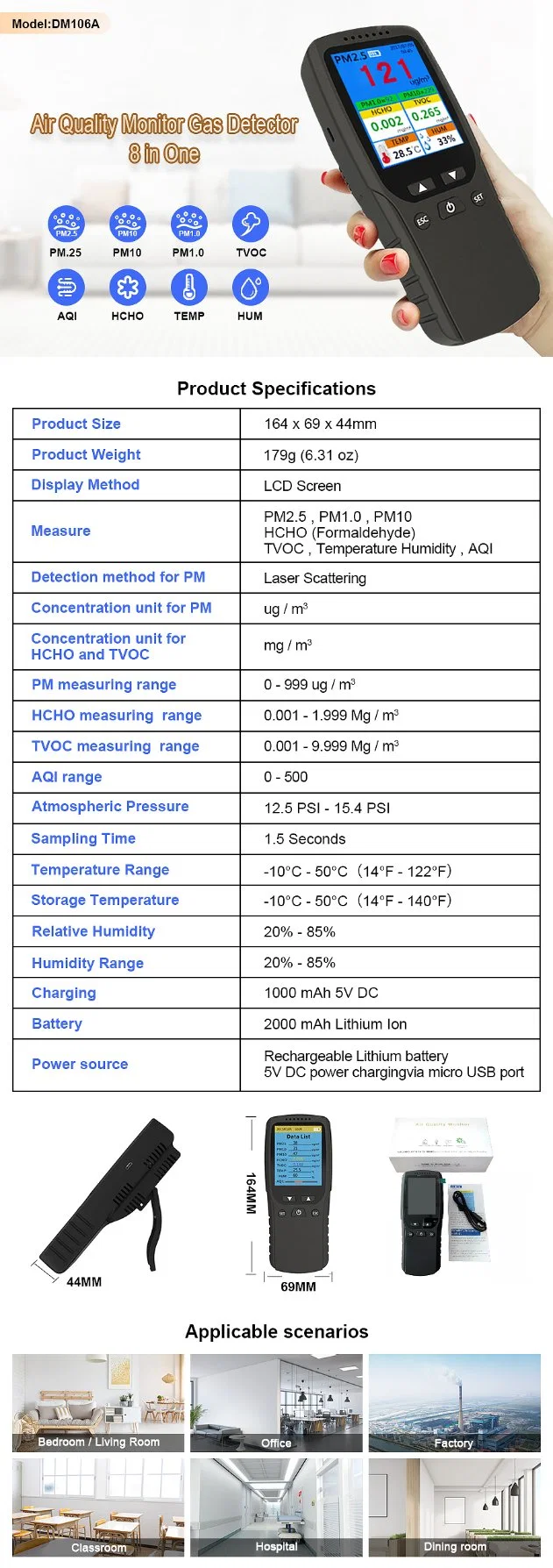 Monitor multifunción Detector de gas industrial de alta sensibilidad para CO2 PM2,5 Acondicionador de aire TVC con carga y pantalla LED