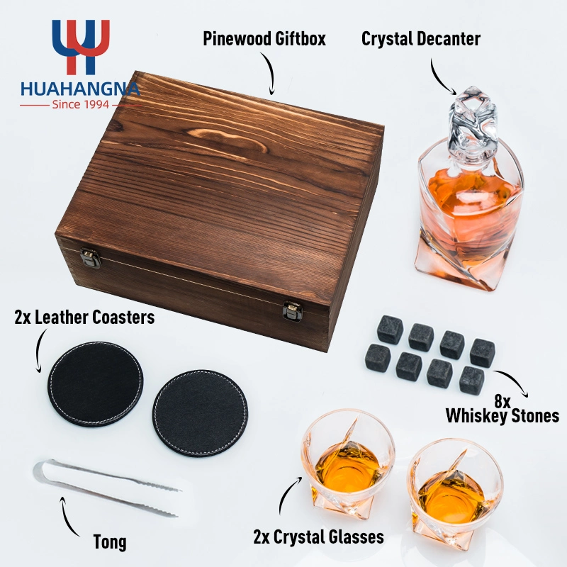 Élégant en gros personnalisé Logo 800ml Cristal Vin Distributeur de liqueur Bouteille de whisky en verre torsadé Carafe Ensemble avec verres dans une boîte cadeau en bois pour cocktail whisky.