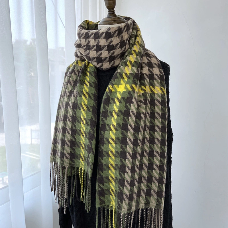 Autumn and Winter New Cashmere Tassel Shawl Warm and Thickened Houndstooth Color Matching Lady Scarf