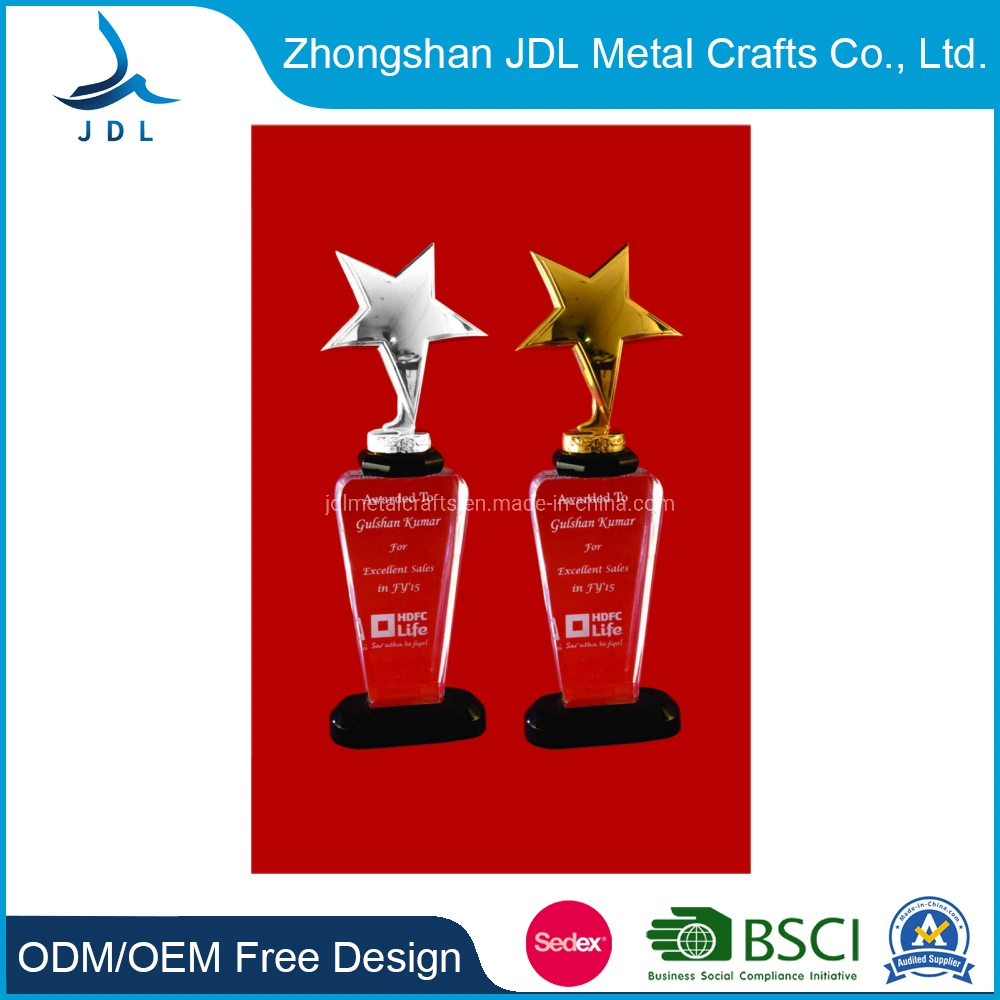 Free Sample Cheap Crystal Gift Acrylic Resin Glass Trophy with Metal Star Shape Trophy