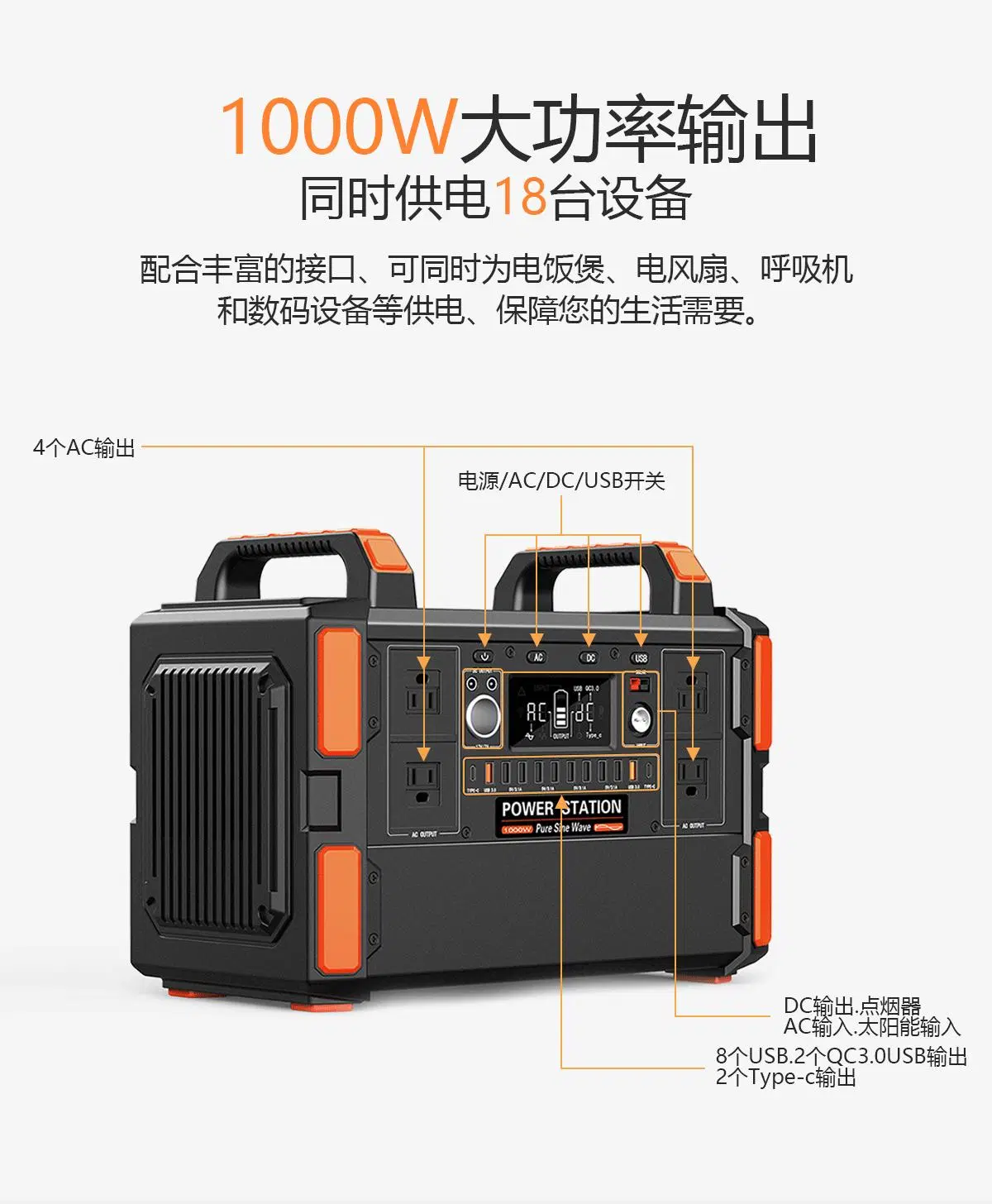 Outdoor Solar Generator Portable Power Station 1000W Solar Power Station Lithium Ion Portable Power