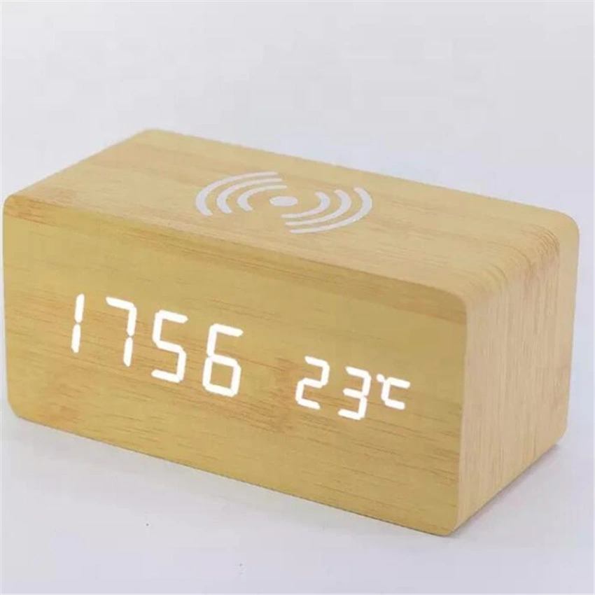 Horloge de bureau numérique radio-réveil Smart LED en bois Chargeur