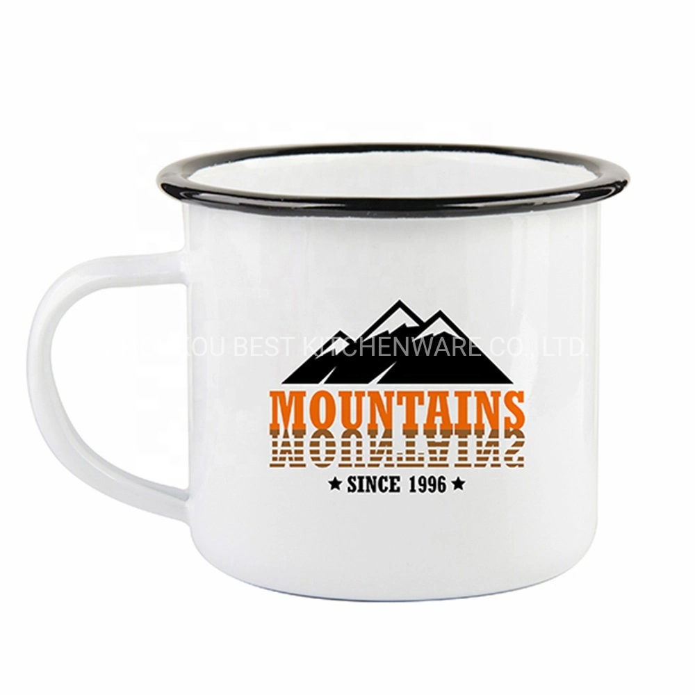 Personalized Sublimation 12 Oz / 360ml Campfire Enamel Coffee Mugs White Mug Enamel with Black Rim