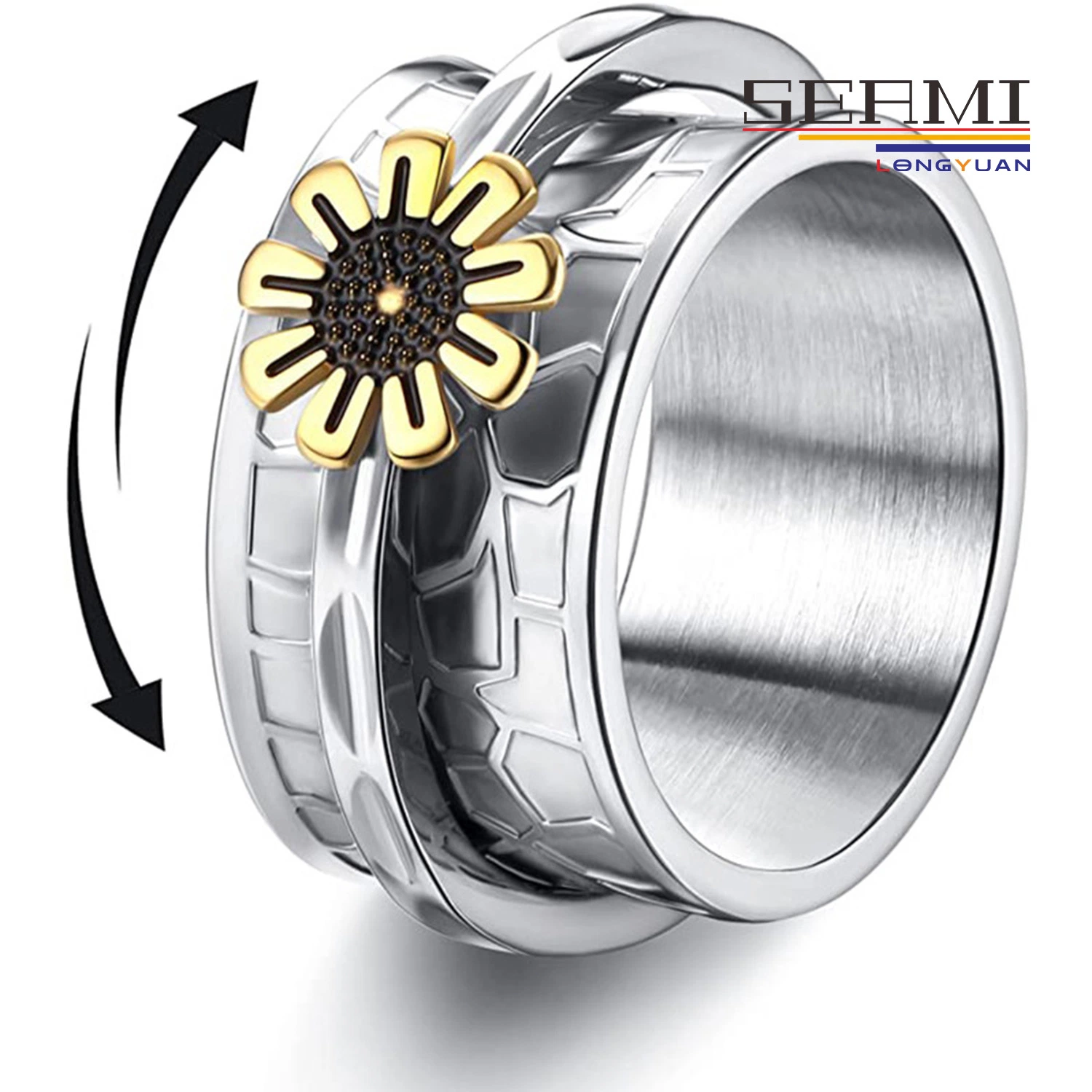 Stainless Steel Sunflower Spinner Rotating Anxiety Finger Rings for Women