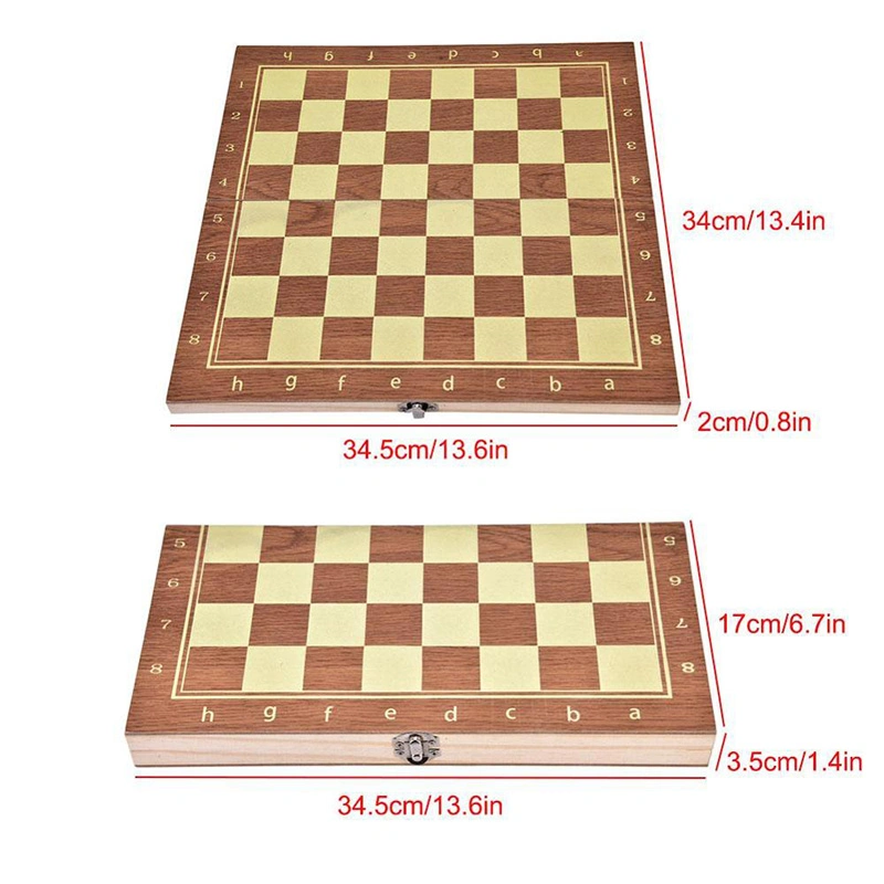 Coffret cadeau d'échecs en bois brun foncé de 34 cm avec échiquier de luxe à coutures à la main