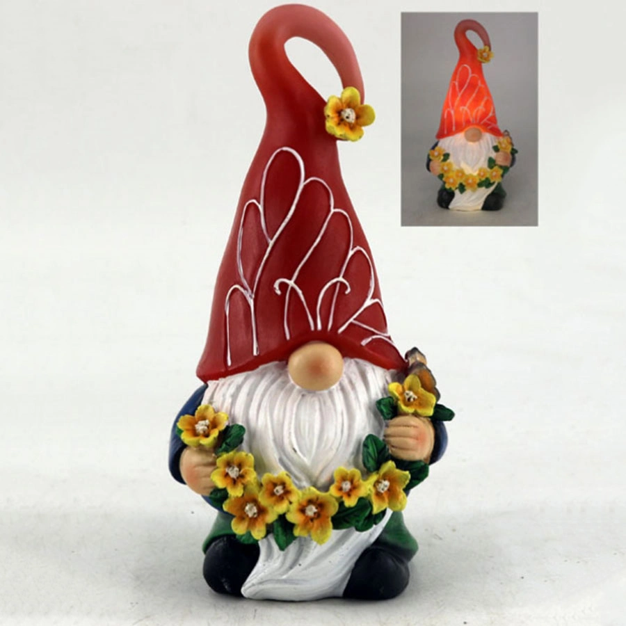 Customized Outdoor Resin Garden Gnome Statue Figurine with Solar LED Light Polyresin Gnome Figurine for Patio Yard Lawn