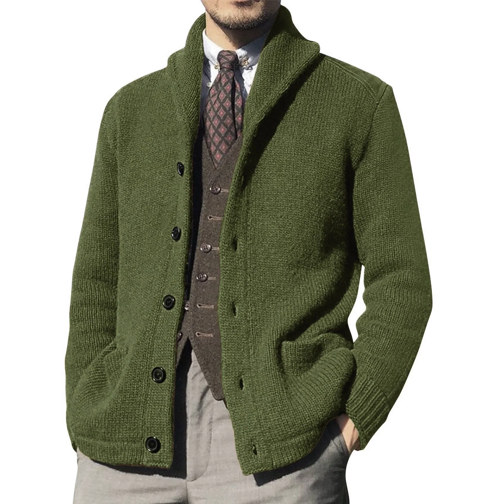 Men's Single Breasted Button Knitted Cardigan Winter Stand Collar British Style Sweater Coats