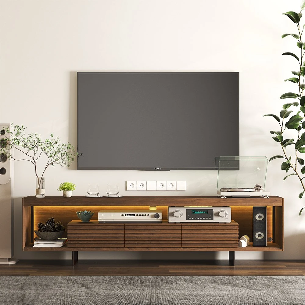 Povison MID-Century Modern TV Stand with 3 Drawers and Open Shelves and LED Light MDF 78.74"