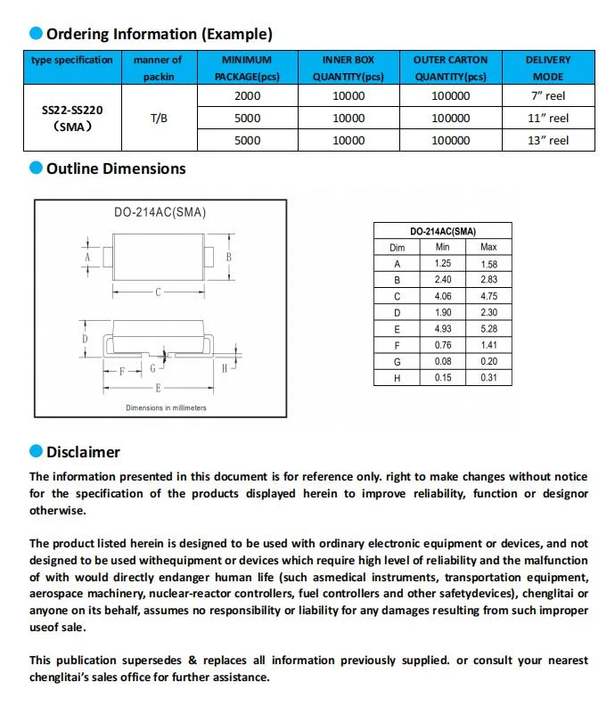 Ss26b Schottky de PYMES de montaje en superficie el diodo zener 20V~200vrectifier diodo