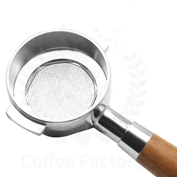 Kaffee-Filterkorb für Filterkaffee ohne Boden 304 Edelstahl Espresso Maschine Werkzeug 51mm, 54mm, 58mm mit Holzgriff