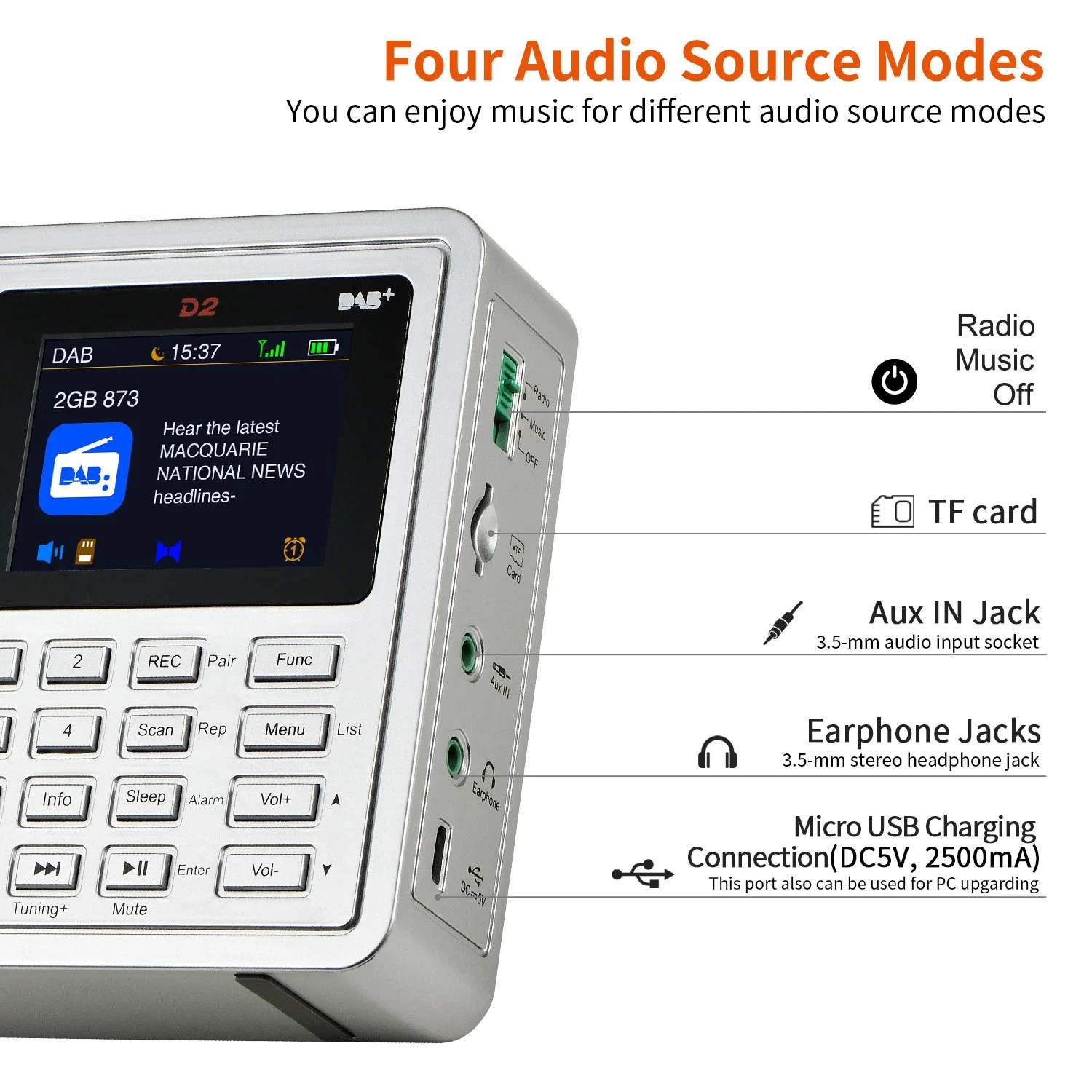 Gtmedia D2 FM TF rádio digital DAB com visor TFT a cores