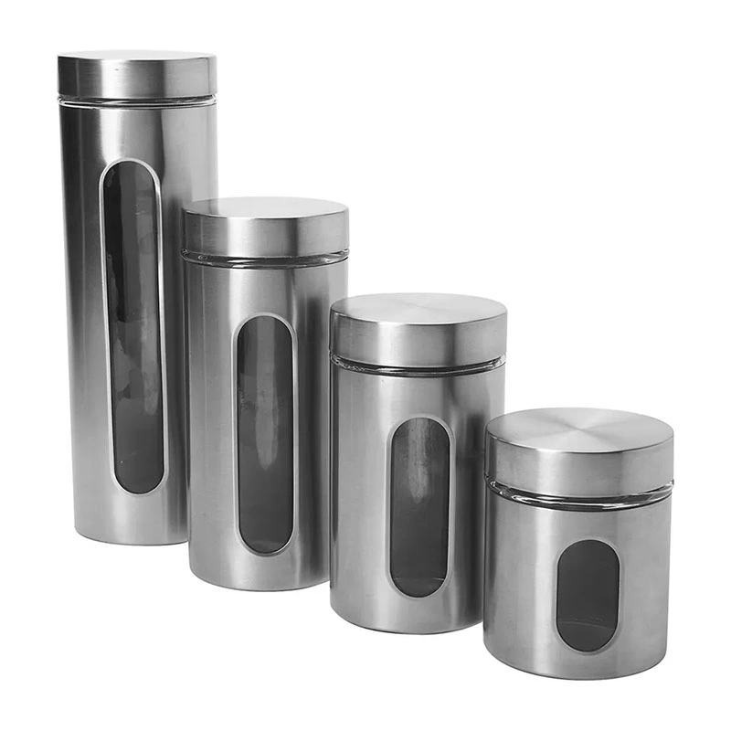 Factory Wholesale/Supplier Kitchen Brushed Stainless Steel Glass Tea Coffee Sugar Storage Jar Canister Set with Metal Lid