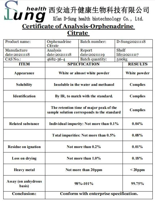 API CAS 4682-36-4 Orphenadrine Citrate Raw Material Orphenadrine Citrate Purity Orphenadrine Citrate