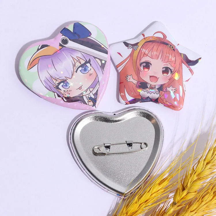 China Manufacturers Custom Anime Buttons Pin Tinplate Badge Heart Star Glass Holographic Tin Button Badge