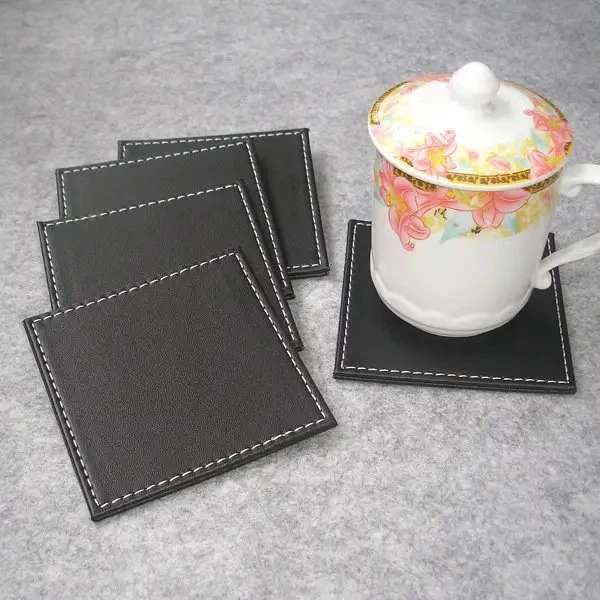 Conjunto de 6 Placemats em pele PU para copos de mesa de jantar Coasters de madeira