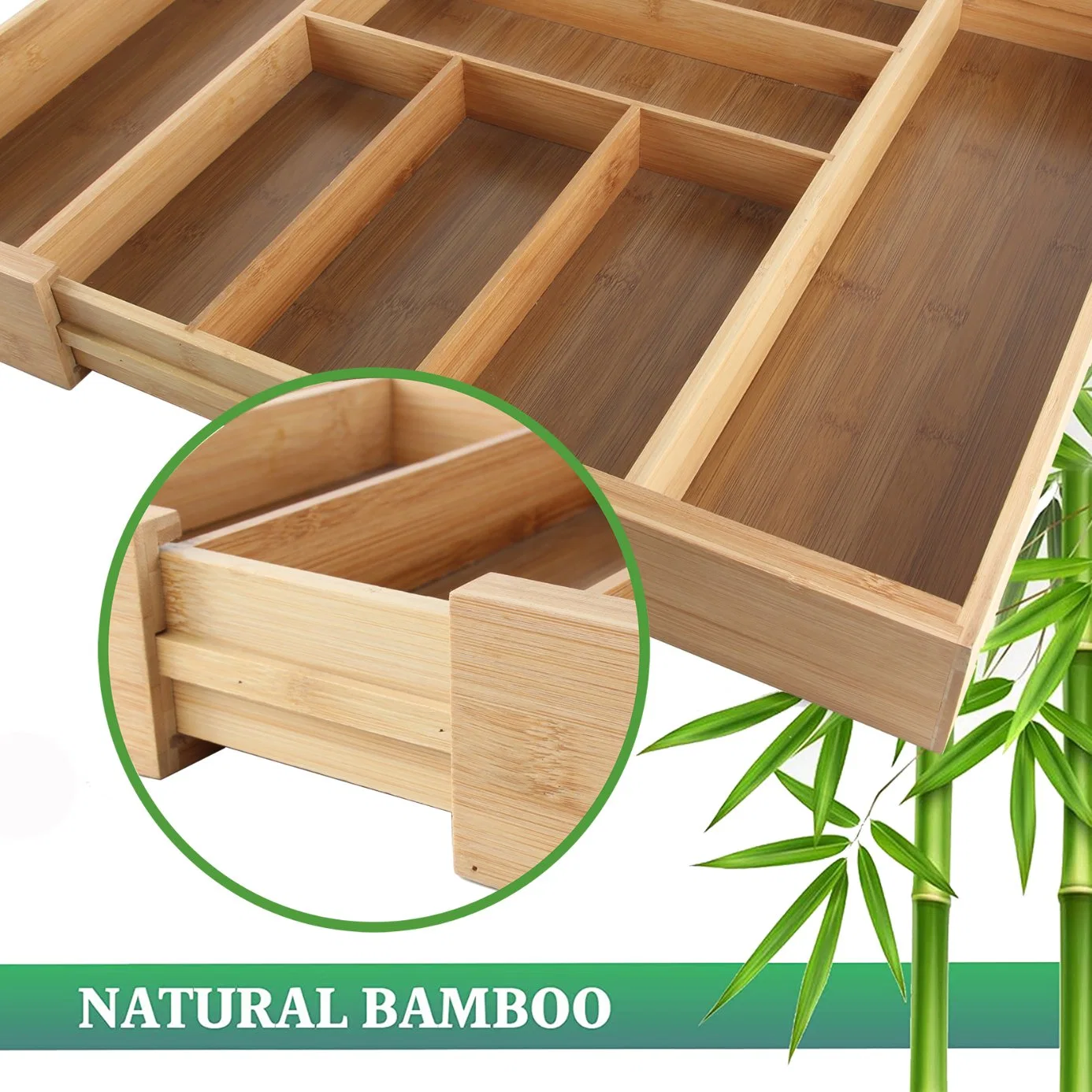 Large Expandable Bamboo Cutlery Tray Drawer Utensil Organizer