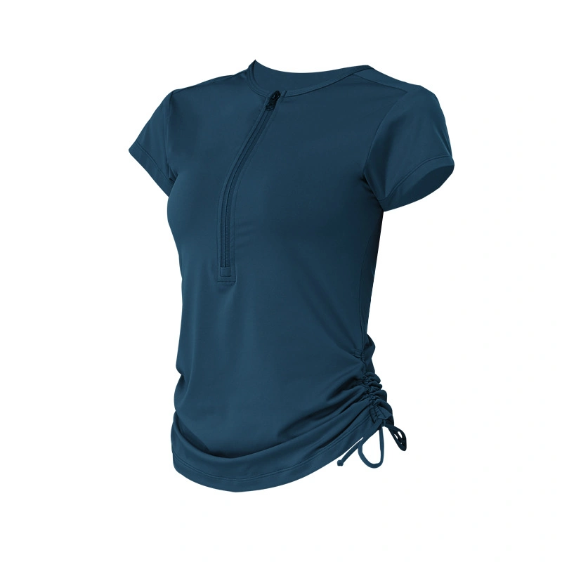 Zipper Deportes Drawstring T- Camisa de manga corta la parte superior de Yoga de las mujeres de color sólido de la ejecución de la ropa de entrenamiento