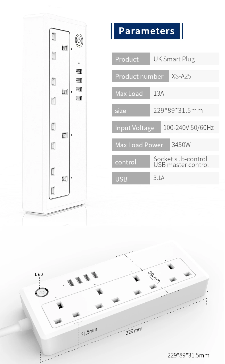 Bloco de tomadas Inteligente WiFi Tuya UK com 16 a 4 Tomadas do Reino Unido e 4 portas USB, tomada de extensão multi-eléctrica Smart Home