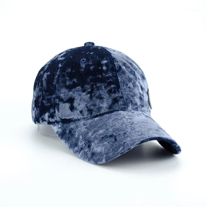 Gorra de béisbol de la moda de terciopelo con parche de PU 6 paneles con hebilla de metal sombrero Deportes