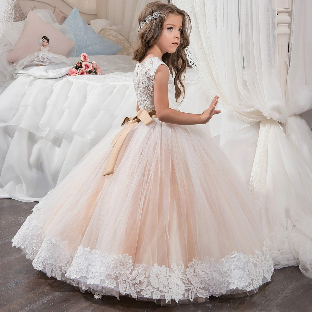 Hfg096 Full Lace Belt Sleeveless Champagne Puffy Flowergirl Dress