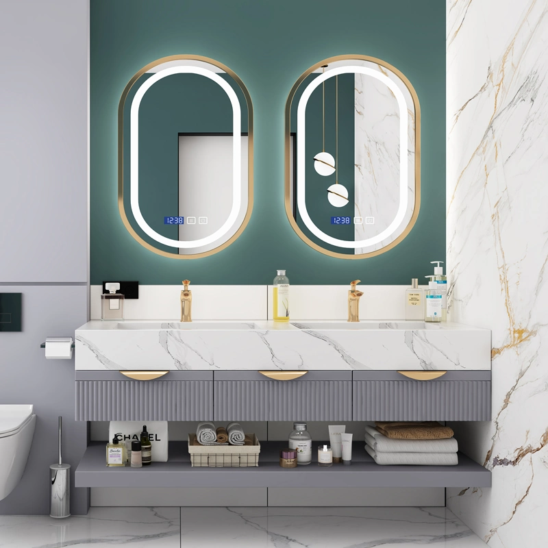 Modernes französisches Sperrholz-Brett mit grauem Gemälde Hängewand Badezimmer Schrank mit heißer Verkauf LED beleuchtete Spiegel und White Rock Spülbecken