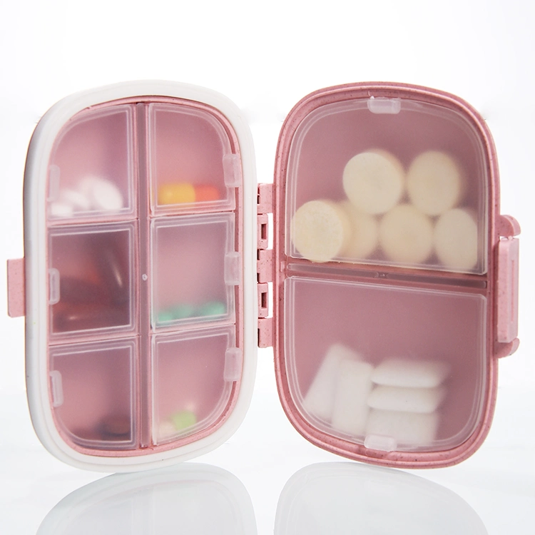 Wheat Straw Round Shape 8 Compartment Small Portable Pocket Travel Pill Box/ Pill Case