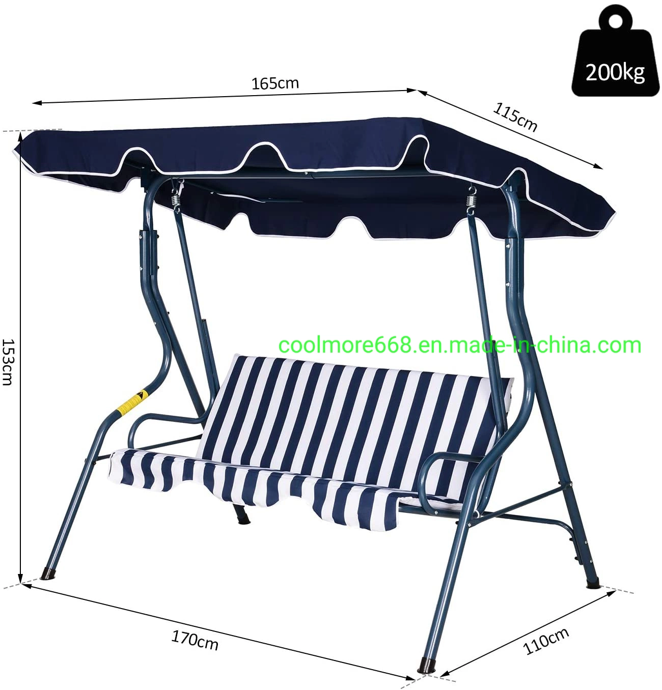 Top Selling 3 Sitzer Canopy Swing Chair Outdoor Gartenbank Mit Sun Cover Metallrahmen - Blue Stripes