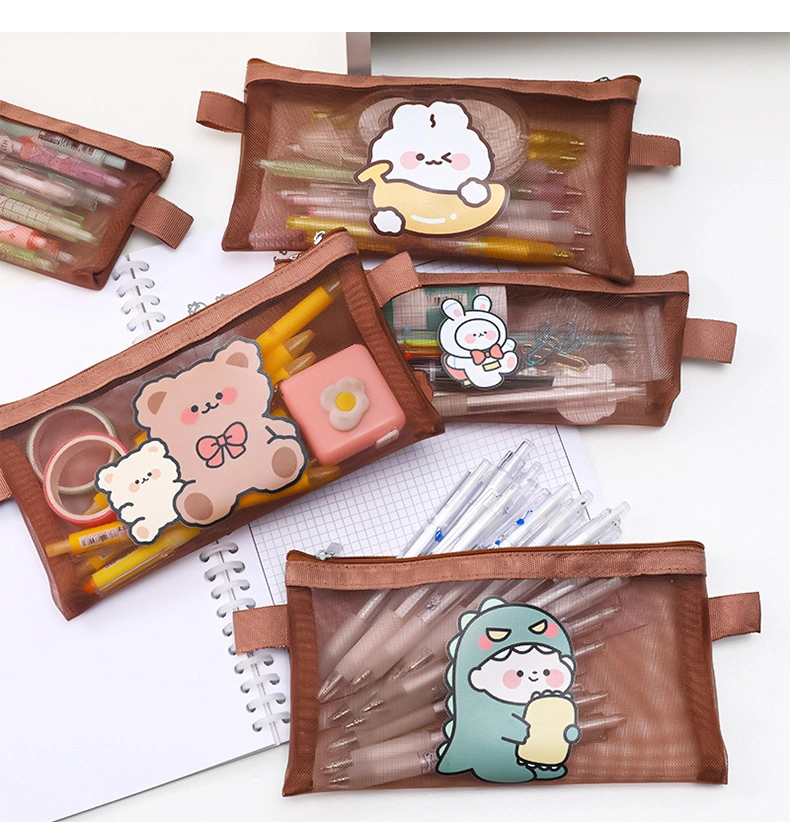 Cartoon Mesh Pencil Bag Student Stationery Bag Large Capacity Pencil Bag Storage