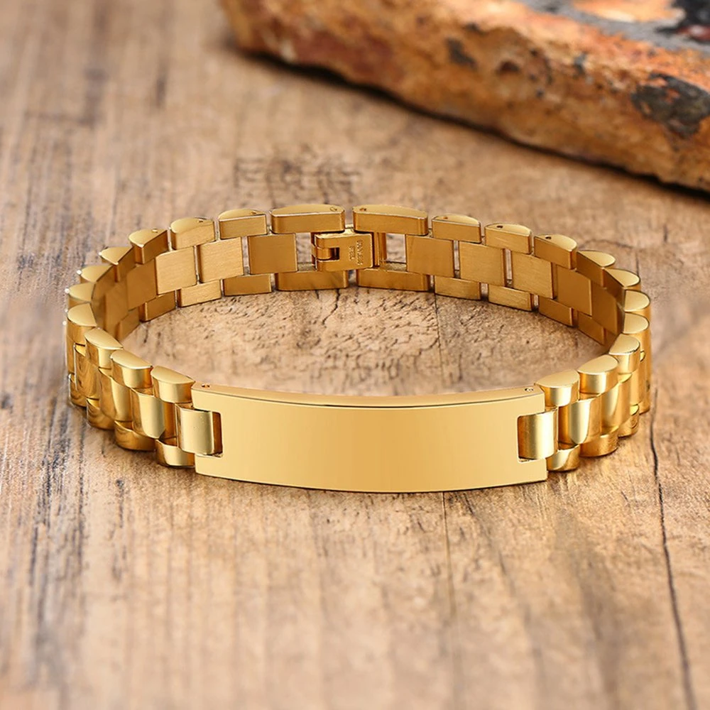 Luxury Custom Engraved Blank Bar Bracelets, 316L Stainless Steel Gold Plated Watch Strap Bracelet