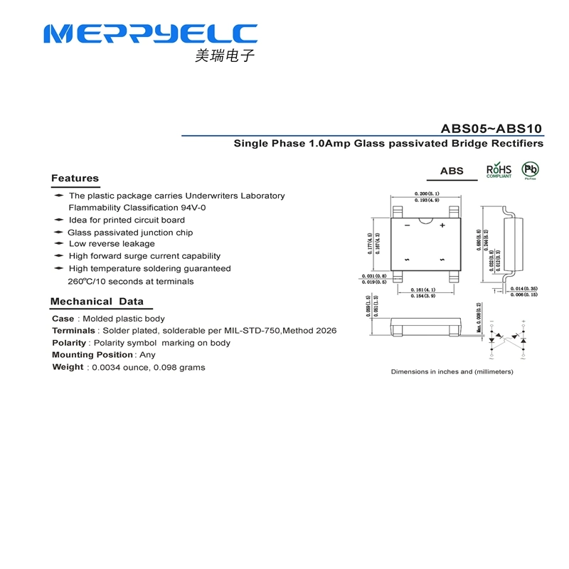 ABS8 Single Phase 1.0Amp Glass passivated Bridge Rectifiers Semiconductor Diode